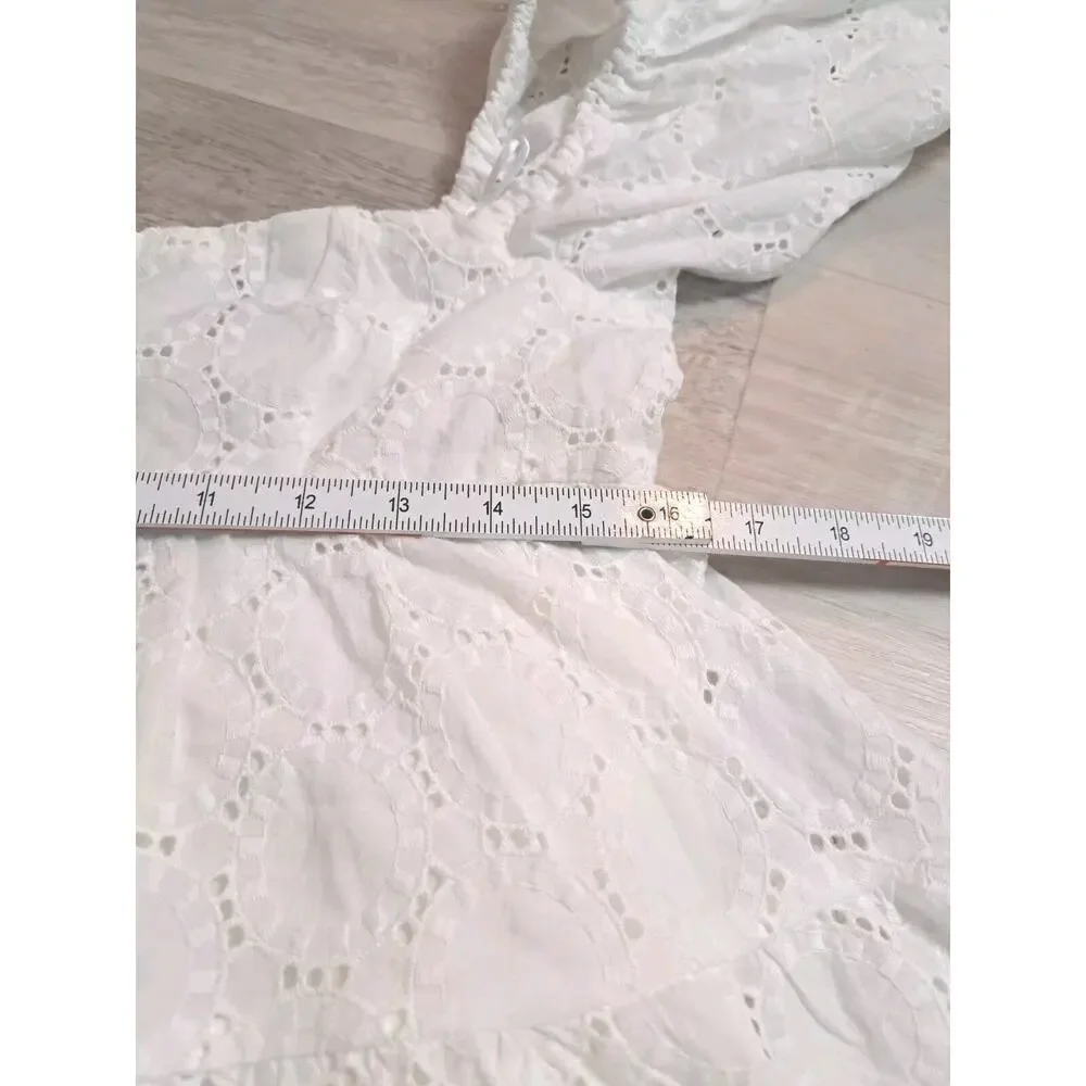 Bardot Womens 6 Babydoll Dress Sofia Eyelet Mini White Revolve Lace Off Shoulder - Picture 5 of 12